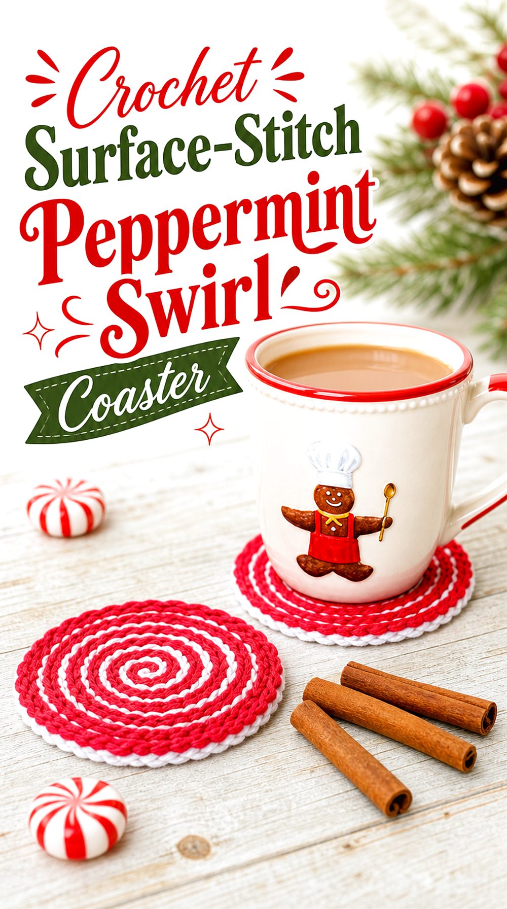 Crochet Surface Stitch Peppermint Swirl Coaster