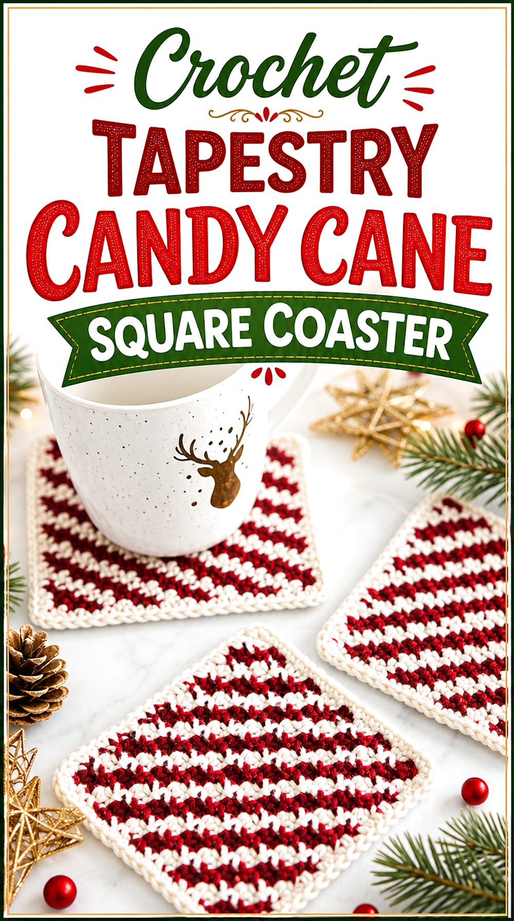 Crochet Tapestry Candy Cane Square Coaster