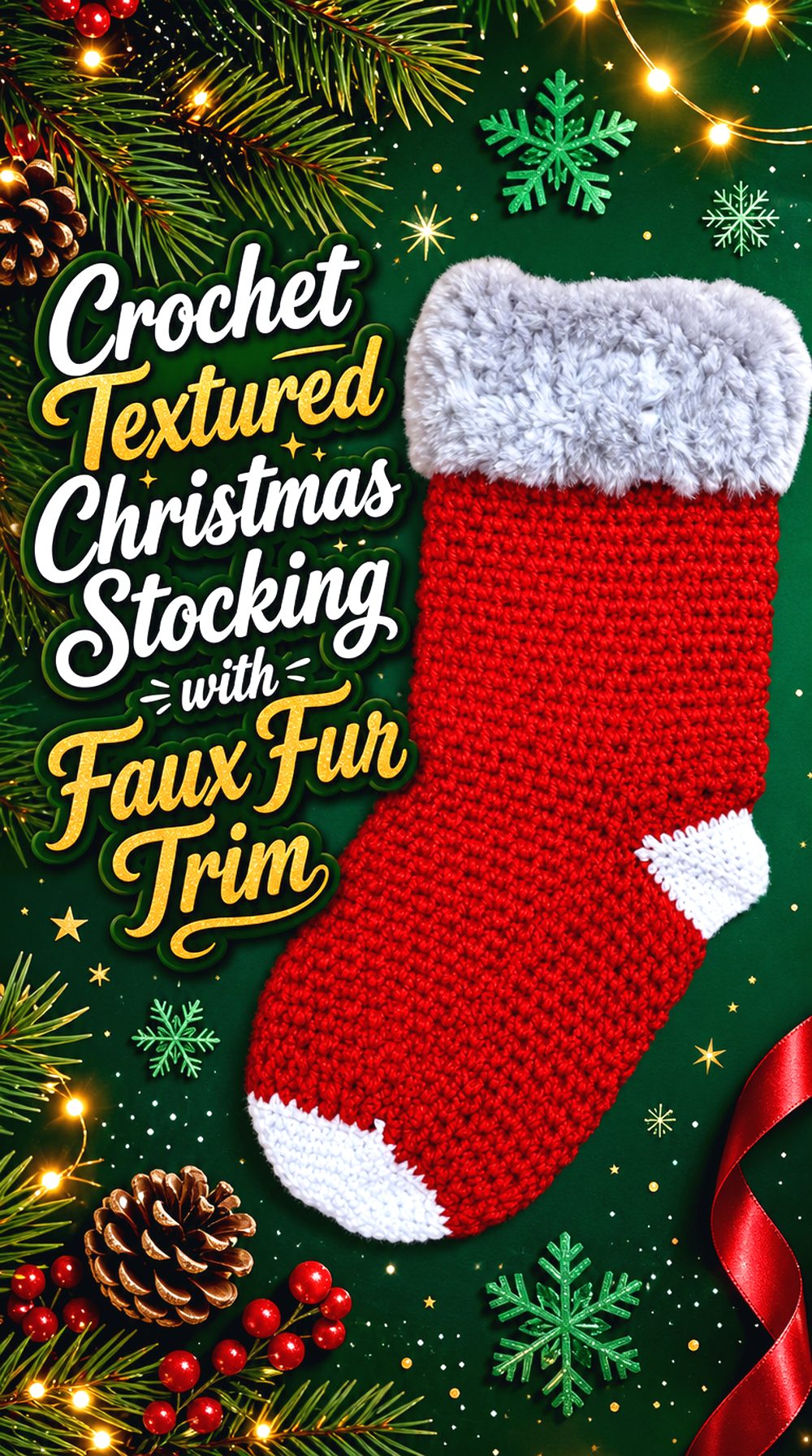 Crochet Textured Christmas Stocking with Faux Fur Trim