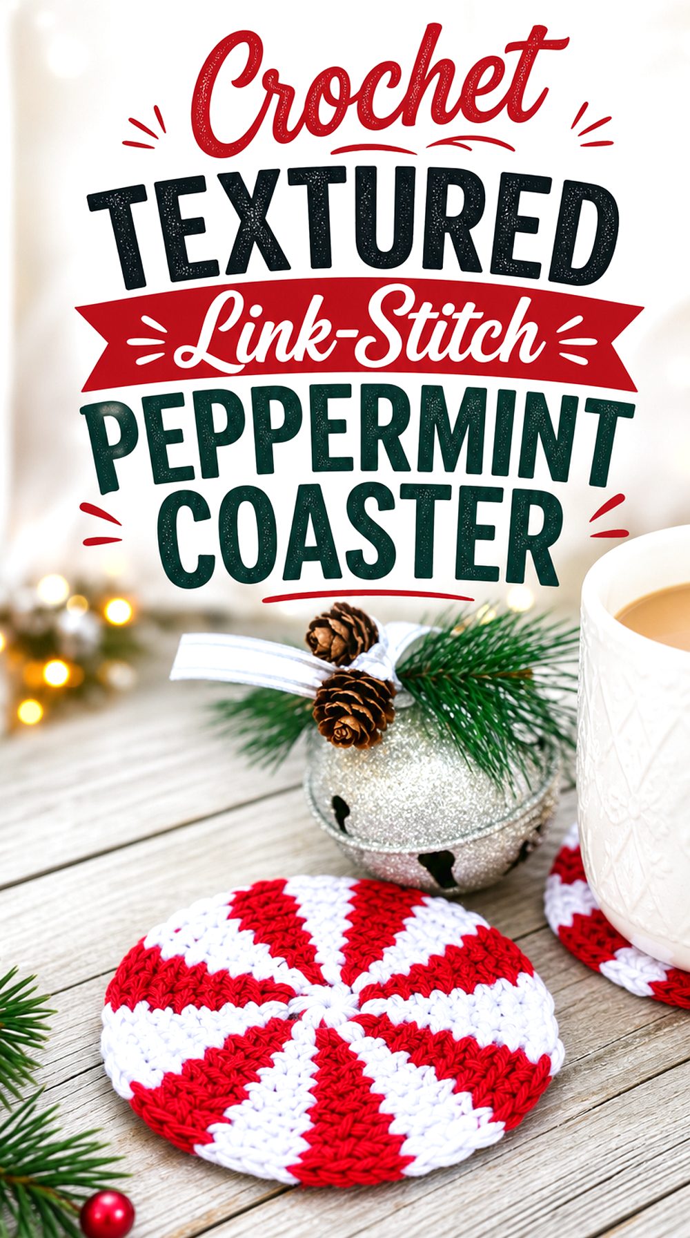 Crochet Textured Link Stitch Peppermint Coaster