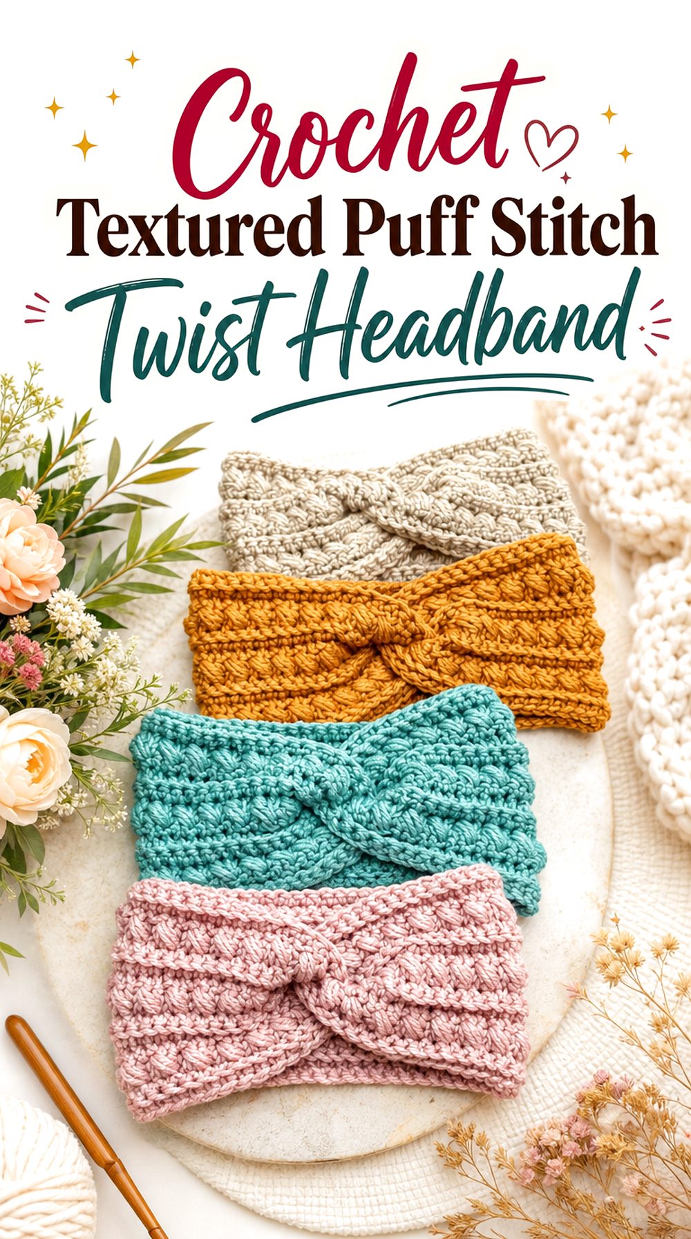 Crochet Textured Puff Stitch Twist Headband