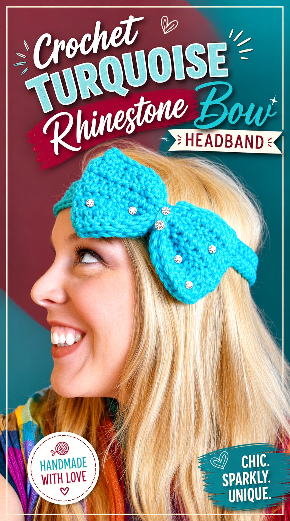 Crochet Turquoise Rhinestone Bow Headband
