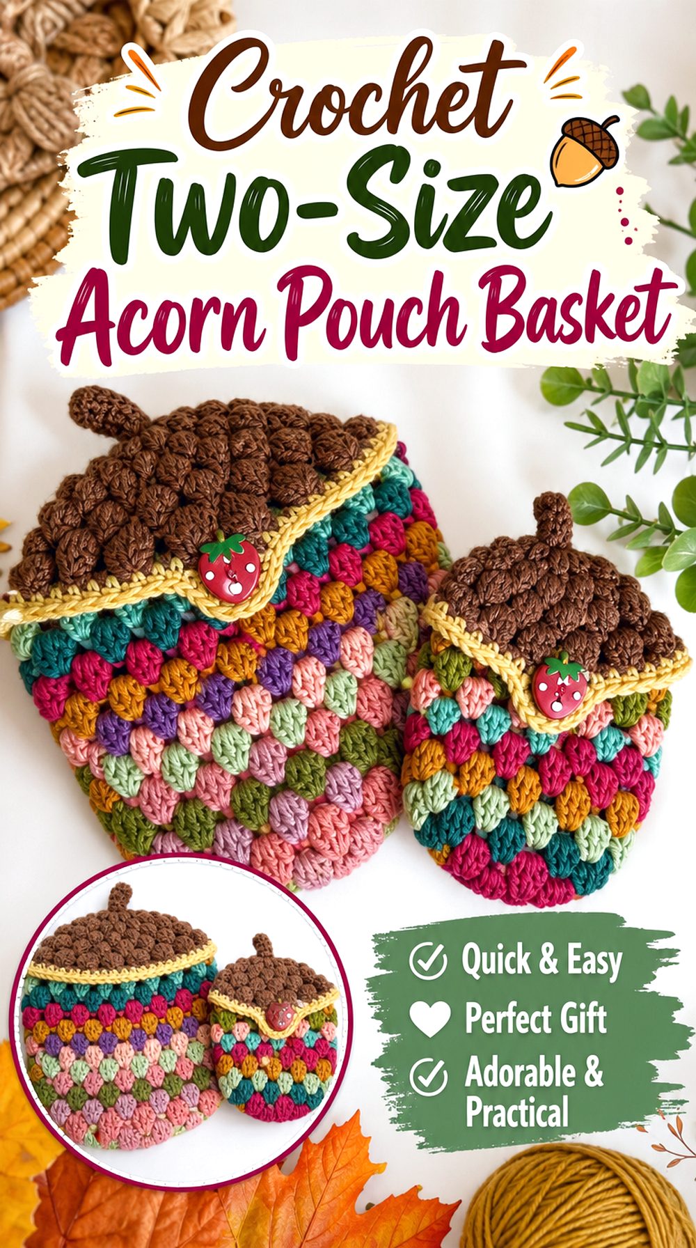 Crochet Two Size Acorn Pouch Basket