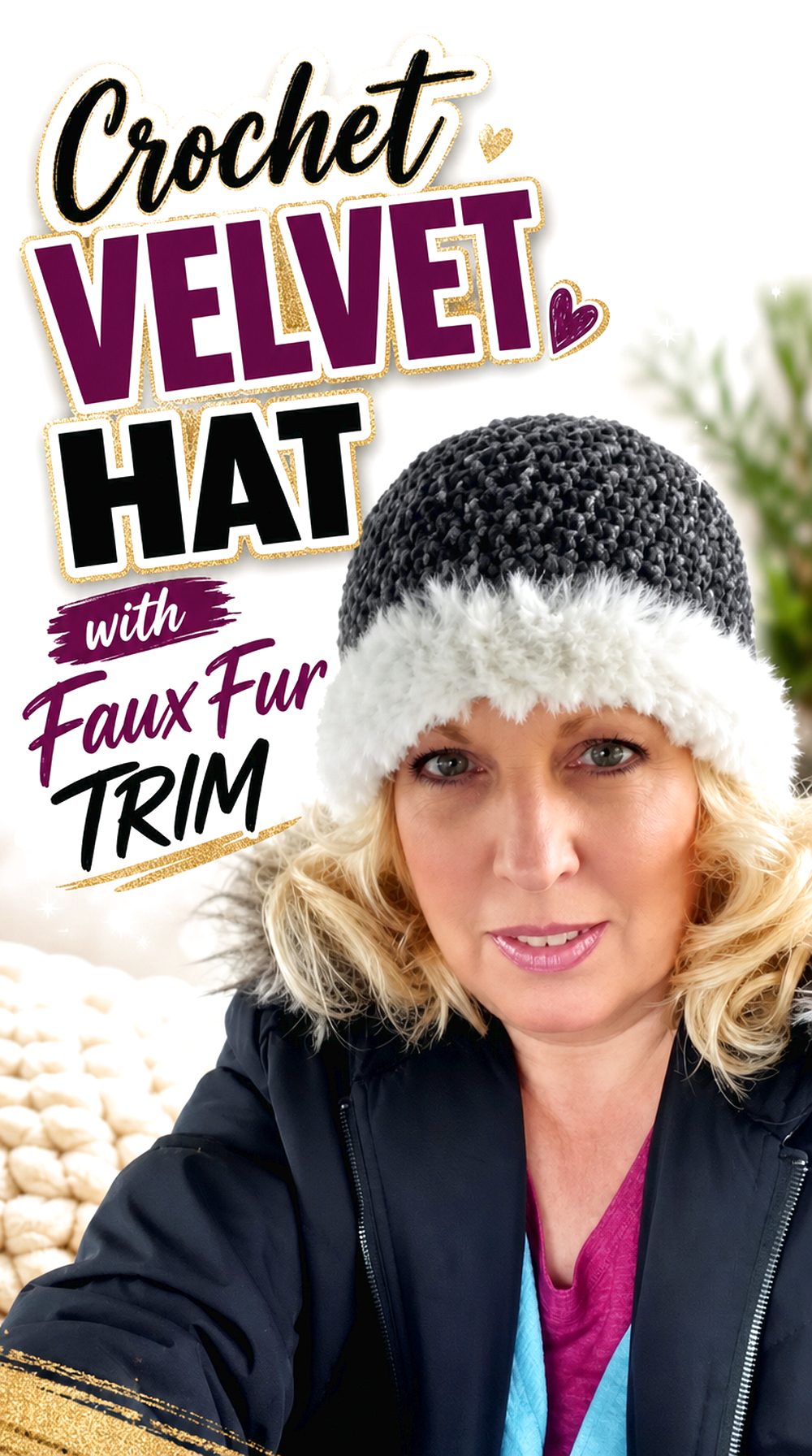 Crochet Velvet Hat with Faux Fur Trim