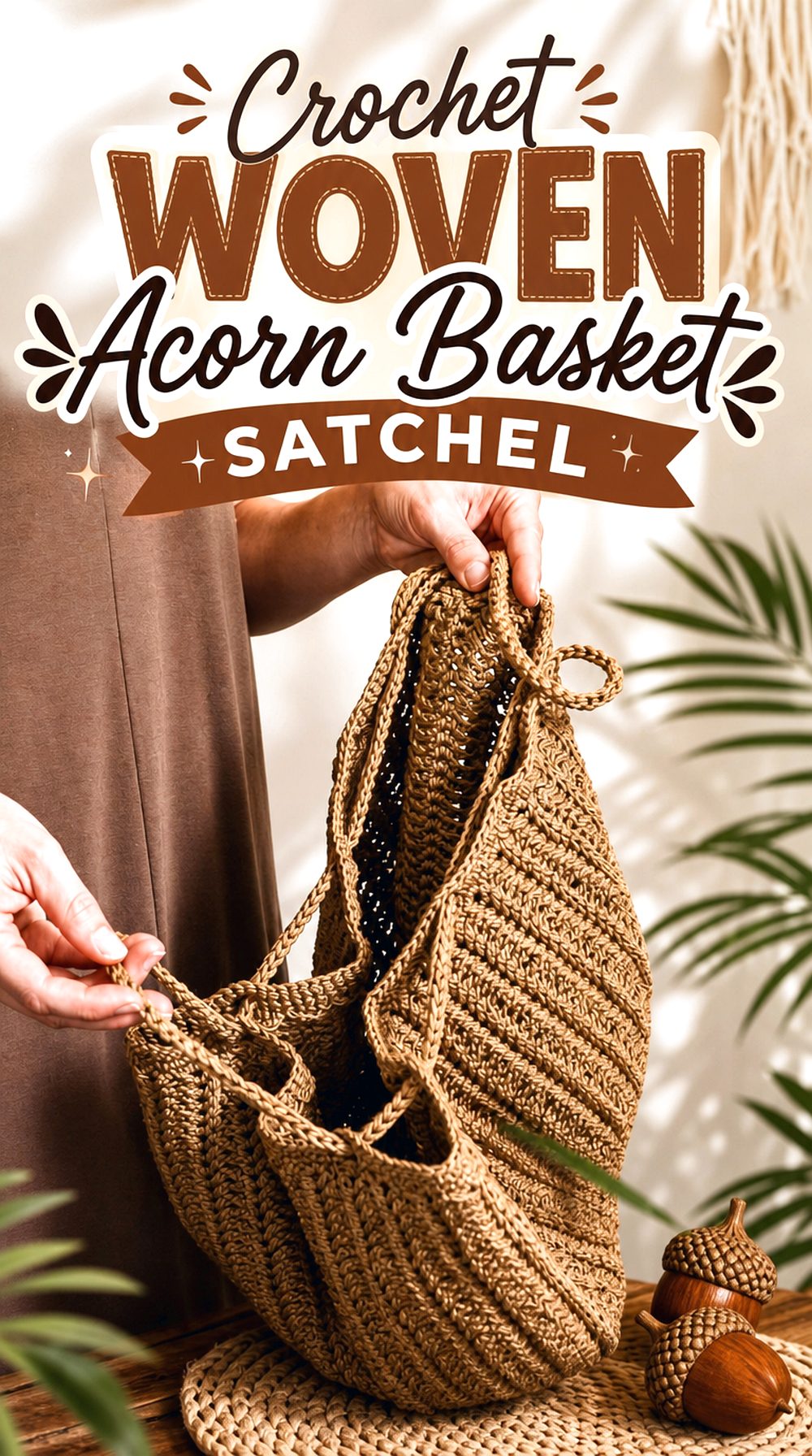 Crochet Woven Acorn Basket Satchel