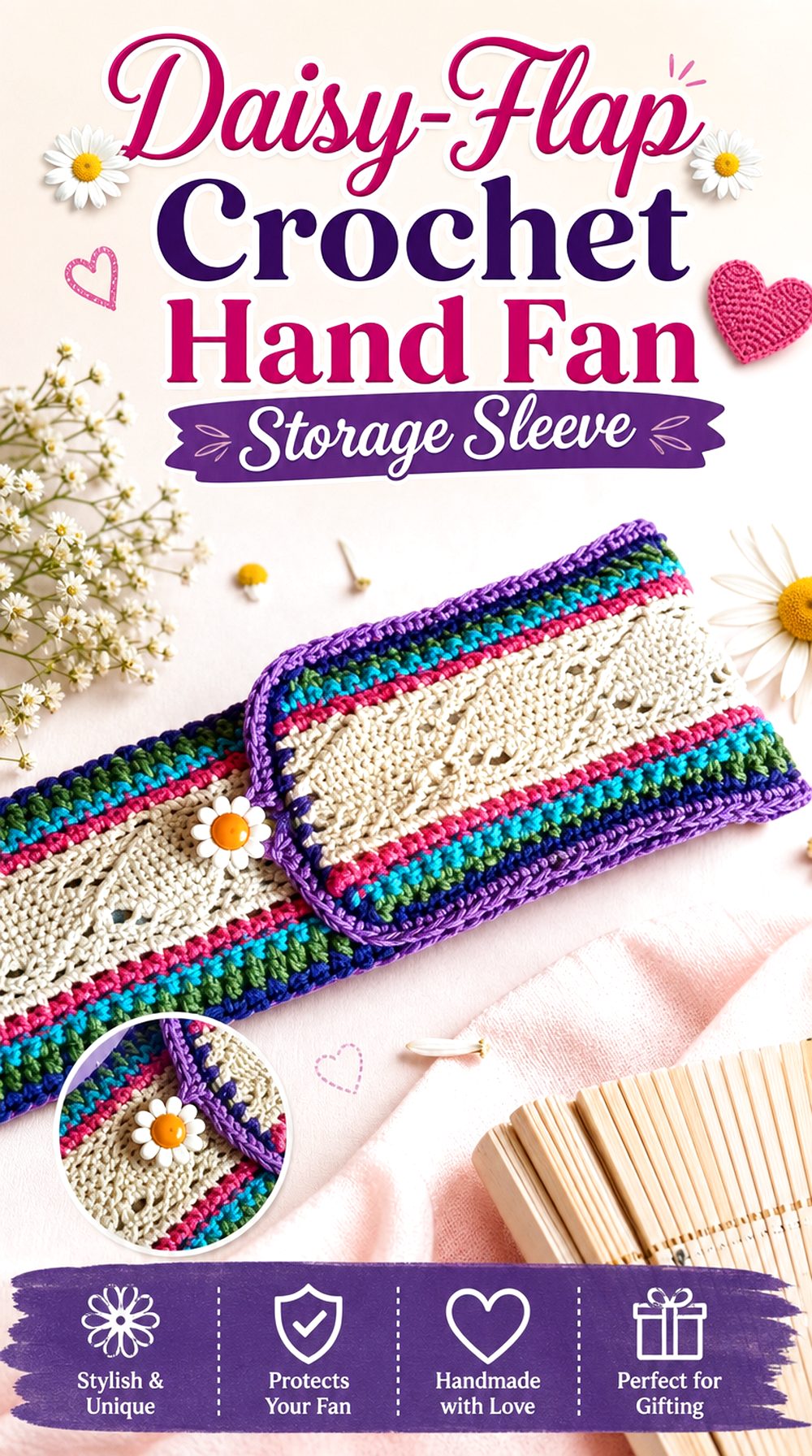 Daisy Flap Crochet Hand Fan Storage Sleeve