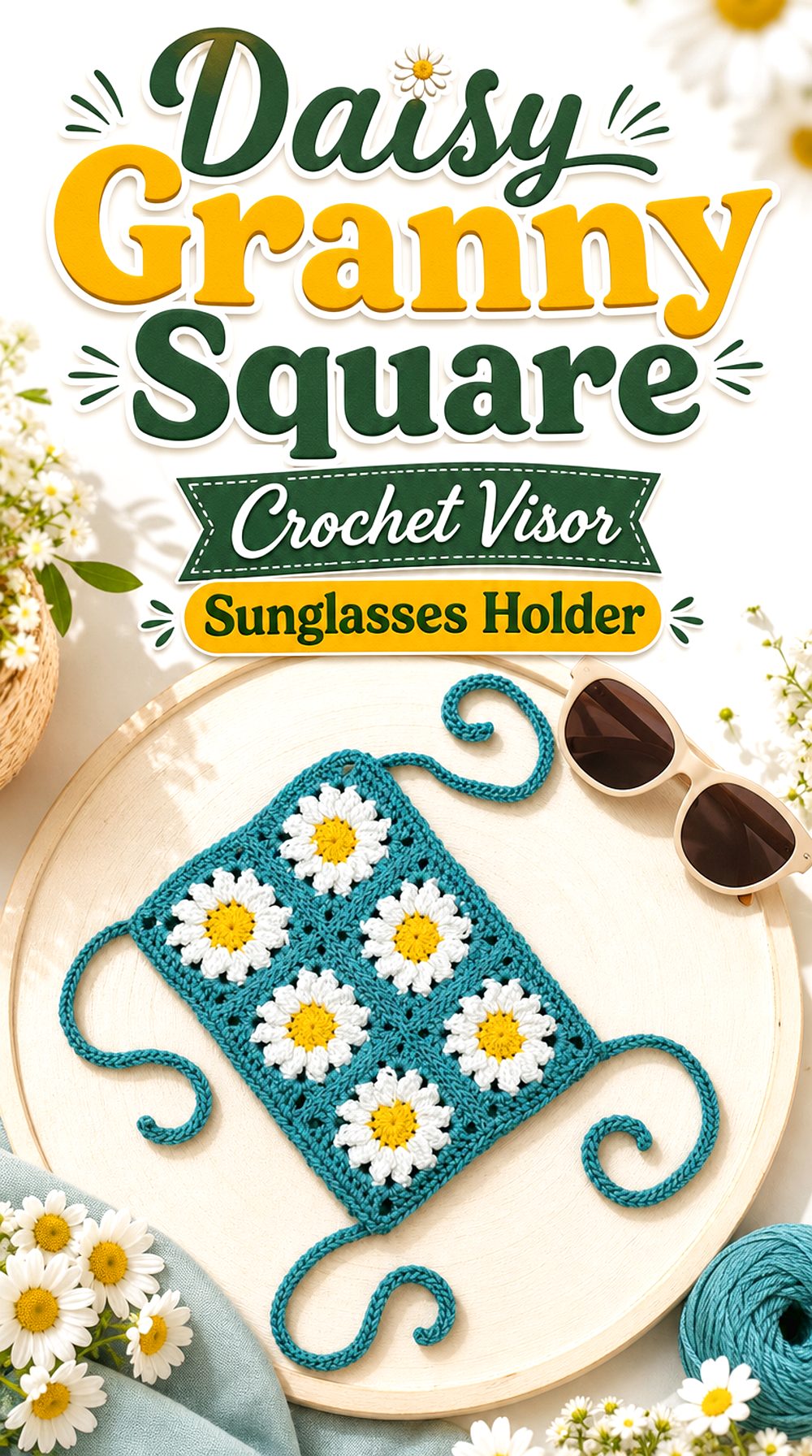 Daisy Granny Square Crochet Visor Sunglasses Holder