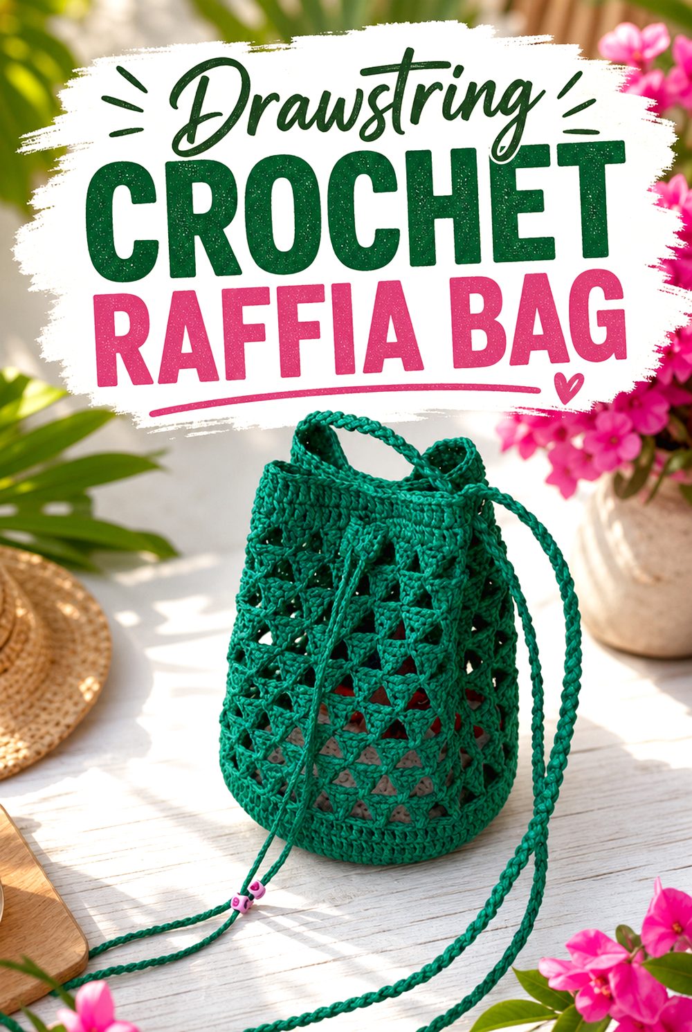 Drawstring Crochet Raffia Bag