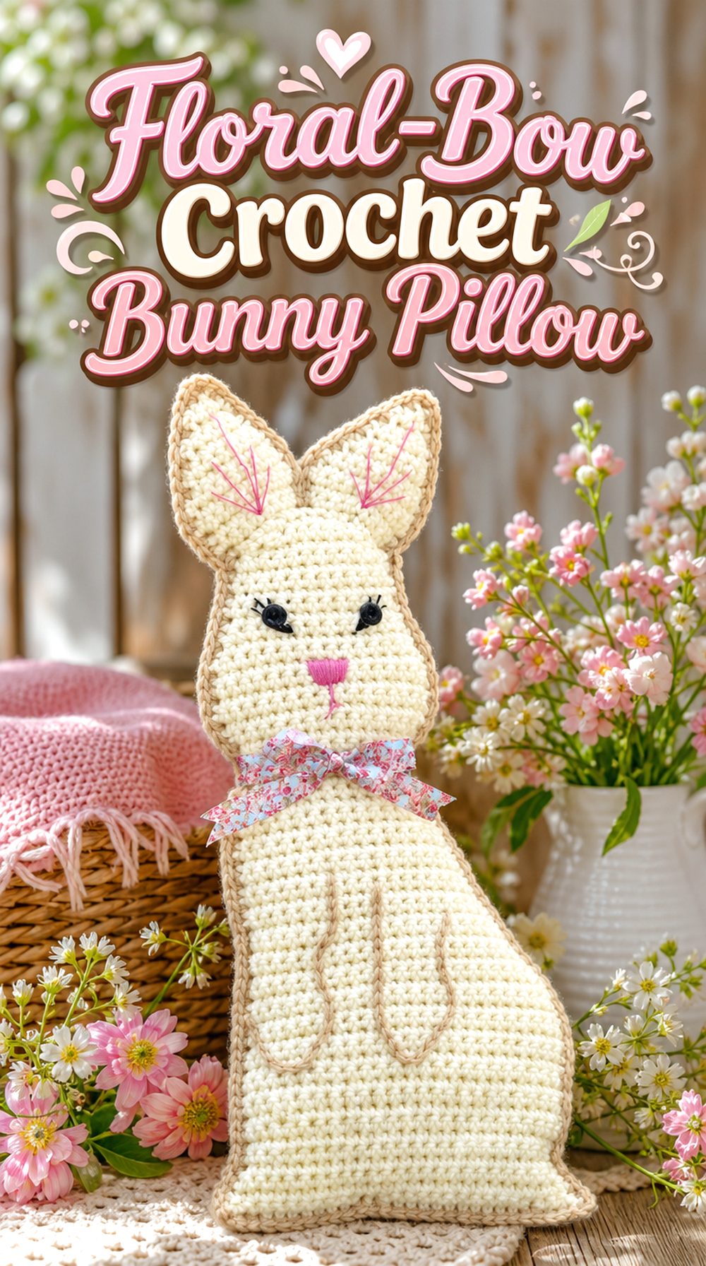 Floral Bow Crochet Bunny Pillow