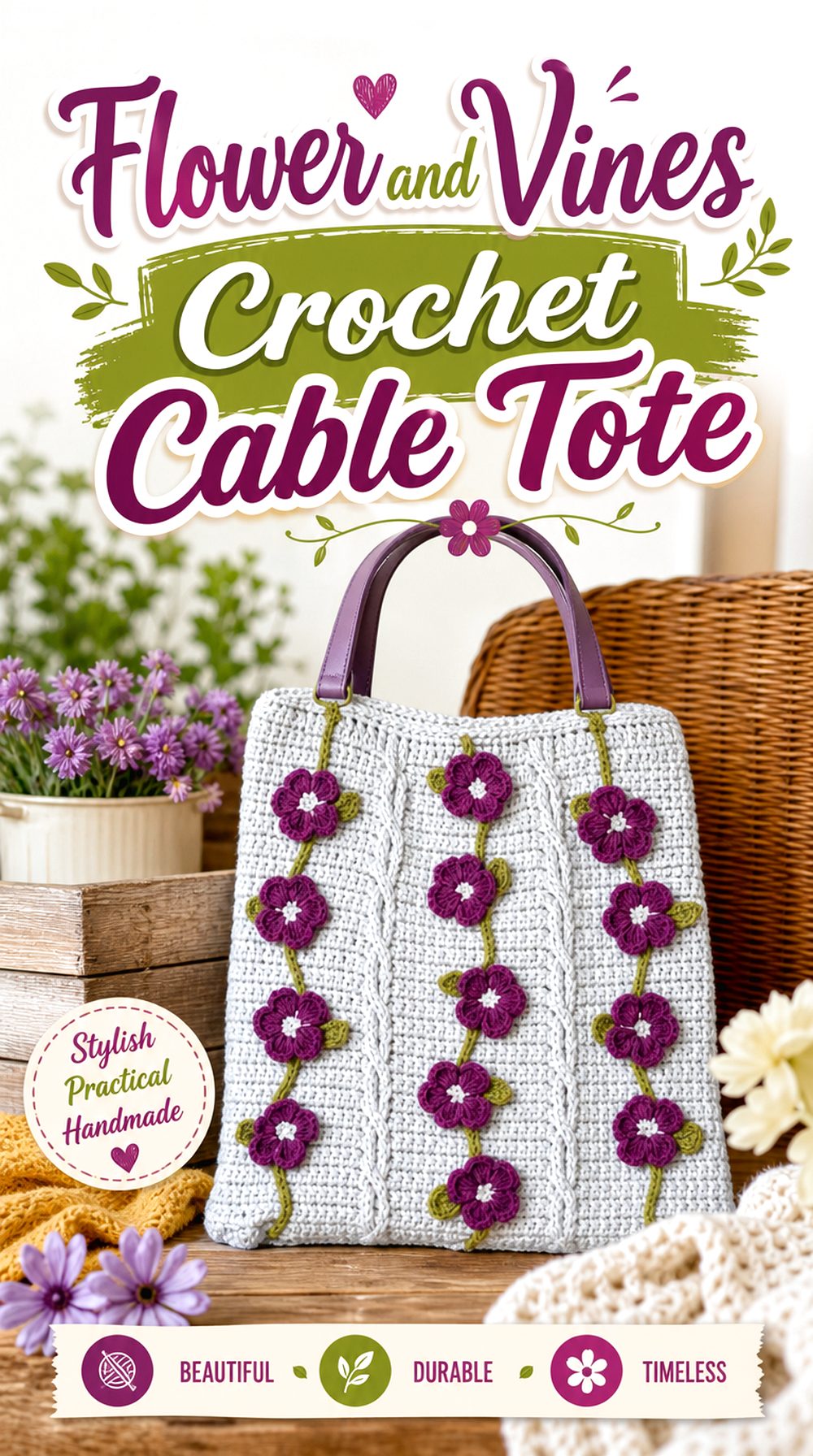 Flower and Vines Crochet Cable Tote