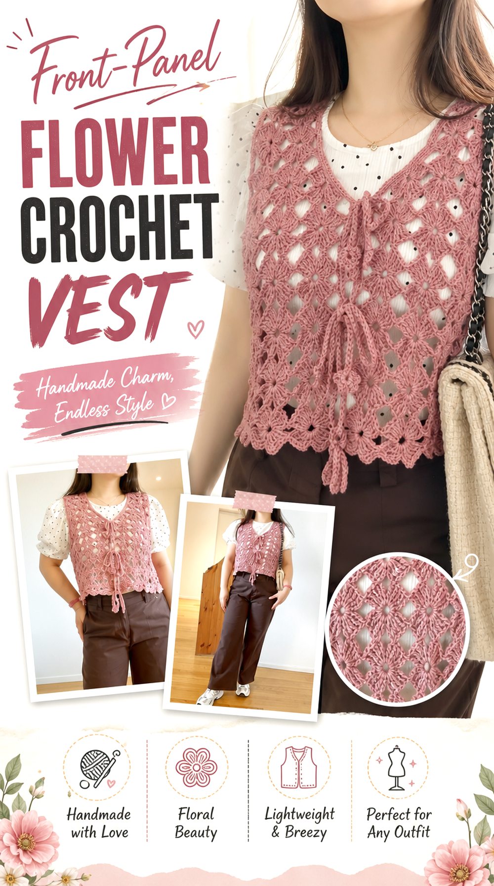 Front Panel Flower Crochet Vest