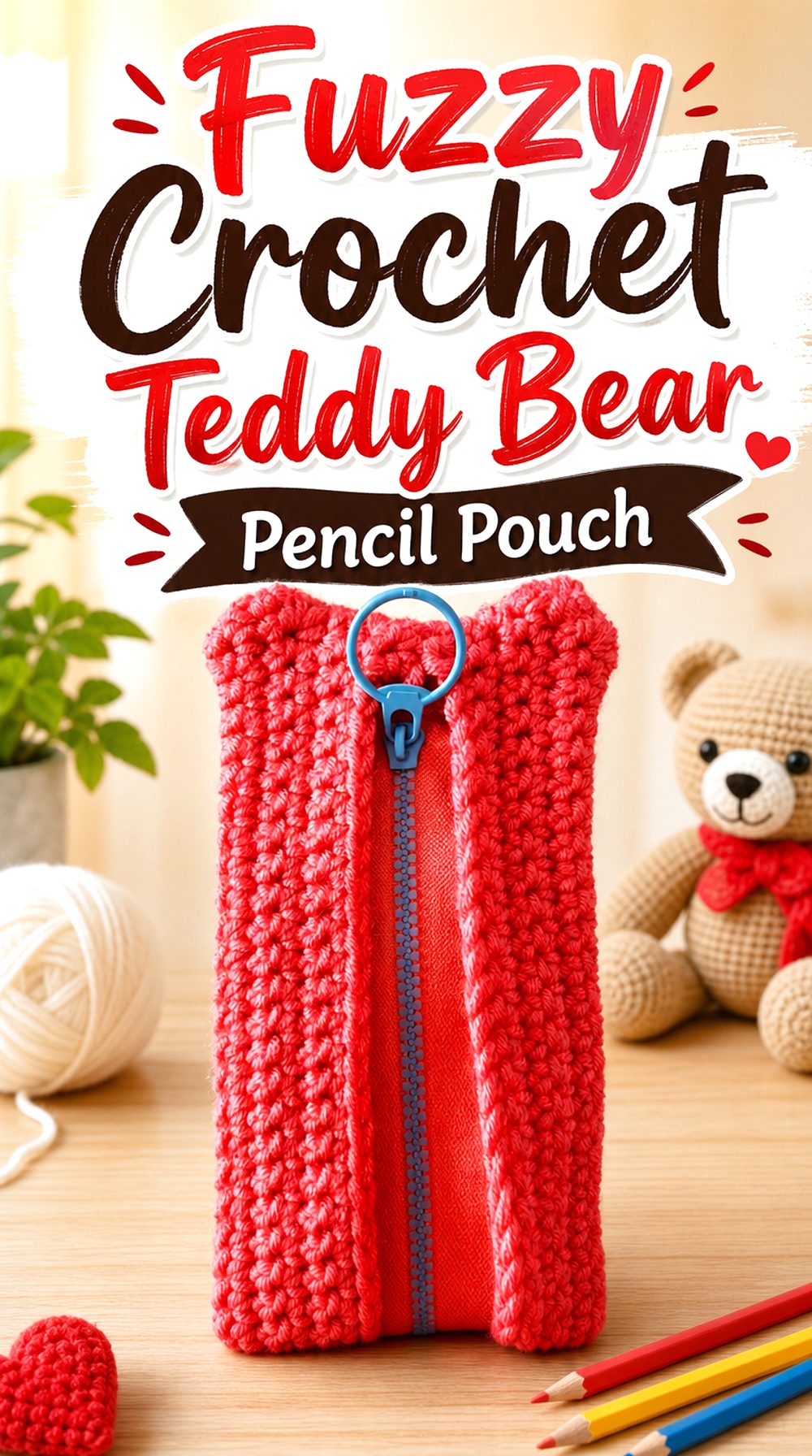 Fuzzy Crochet Teddy Bear Pencil Pouch