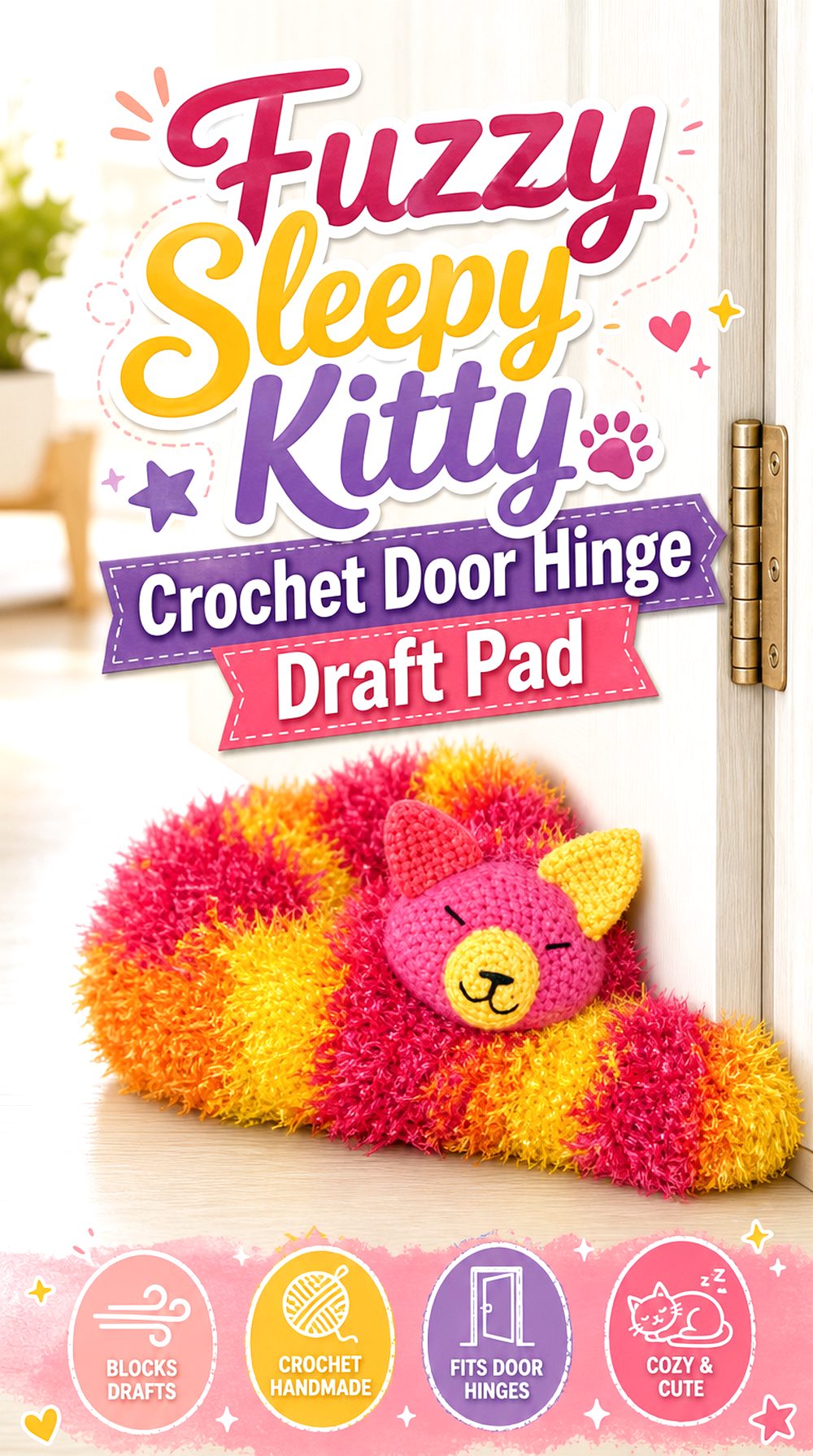 Fuzzy Sleepy Kitty Crochet Door Hinge Draft Pad