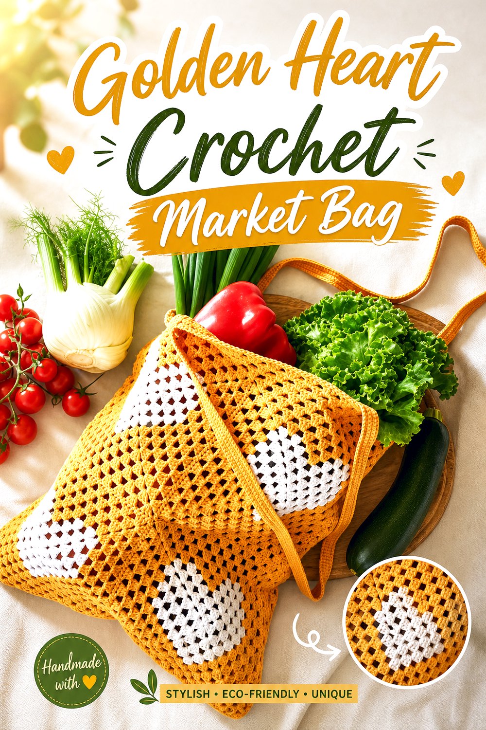Golden Heart Crochet Market Bag