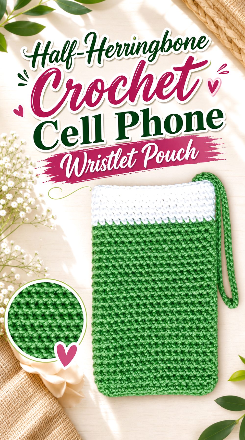 Half Herringbone Crochet Cell Phone Wristlet Pouch