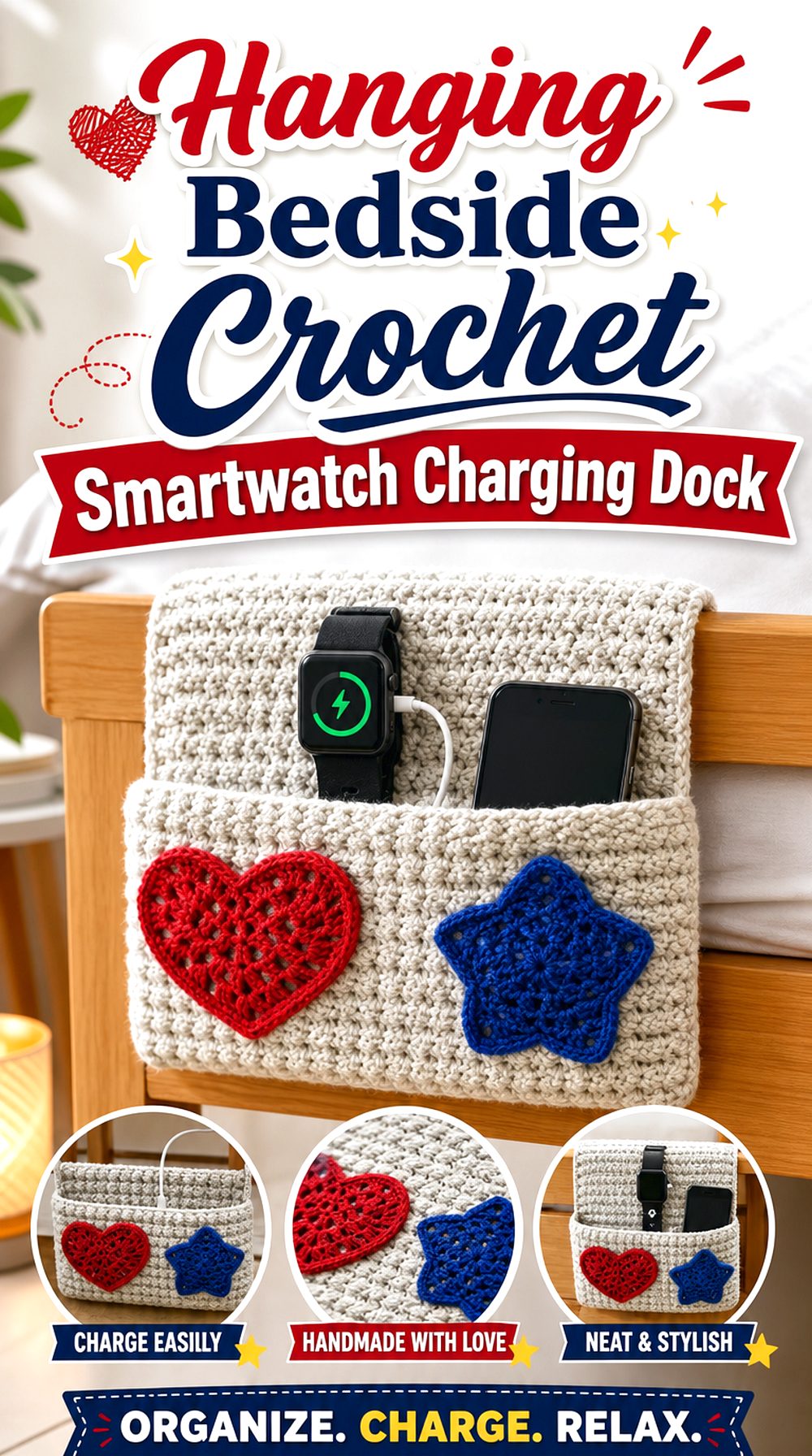 Hanging Bedside Crochet Smartwatch Charging Dock