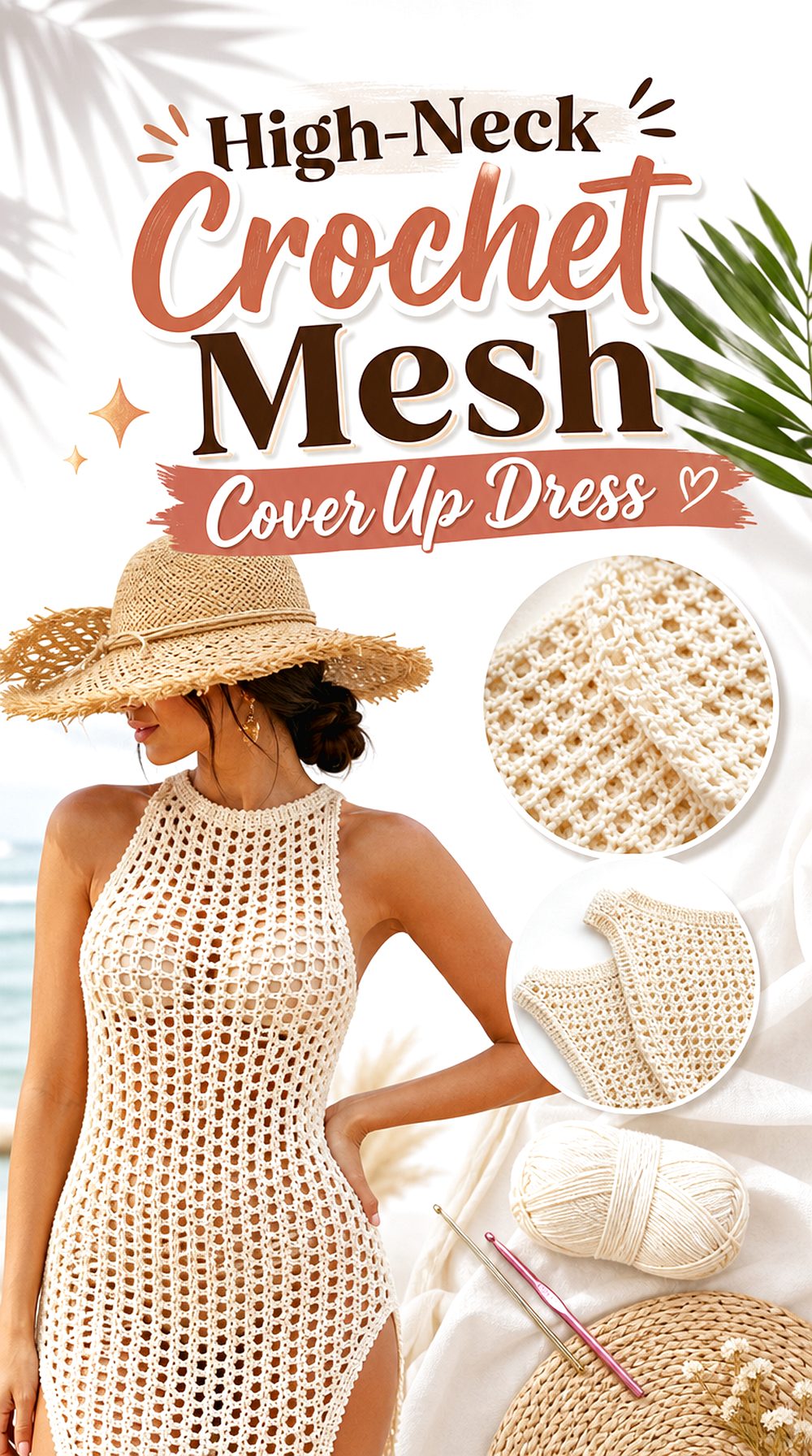 High Neck Crochet Mesh Cover Up Dress