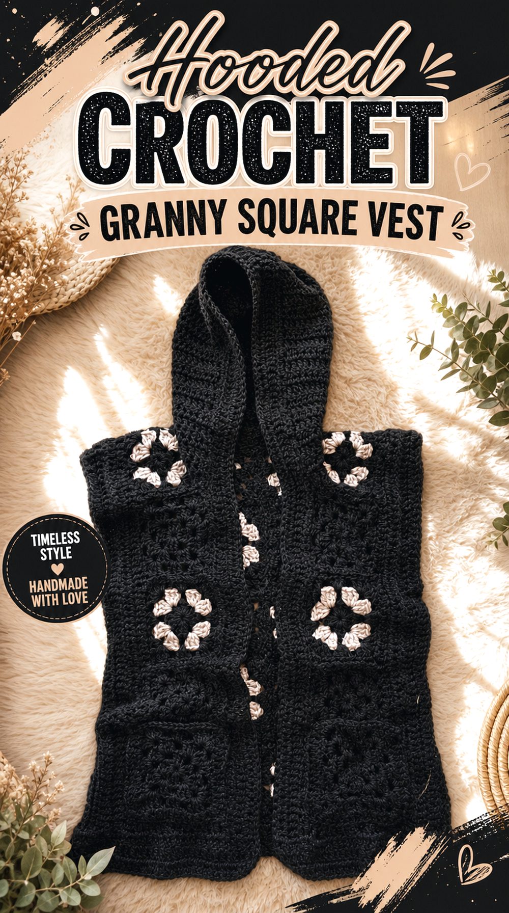 Hooded Crochet Granny Square Vest