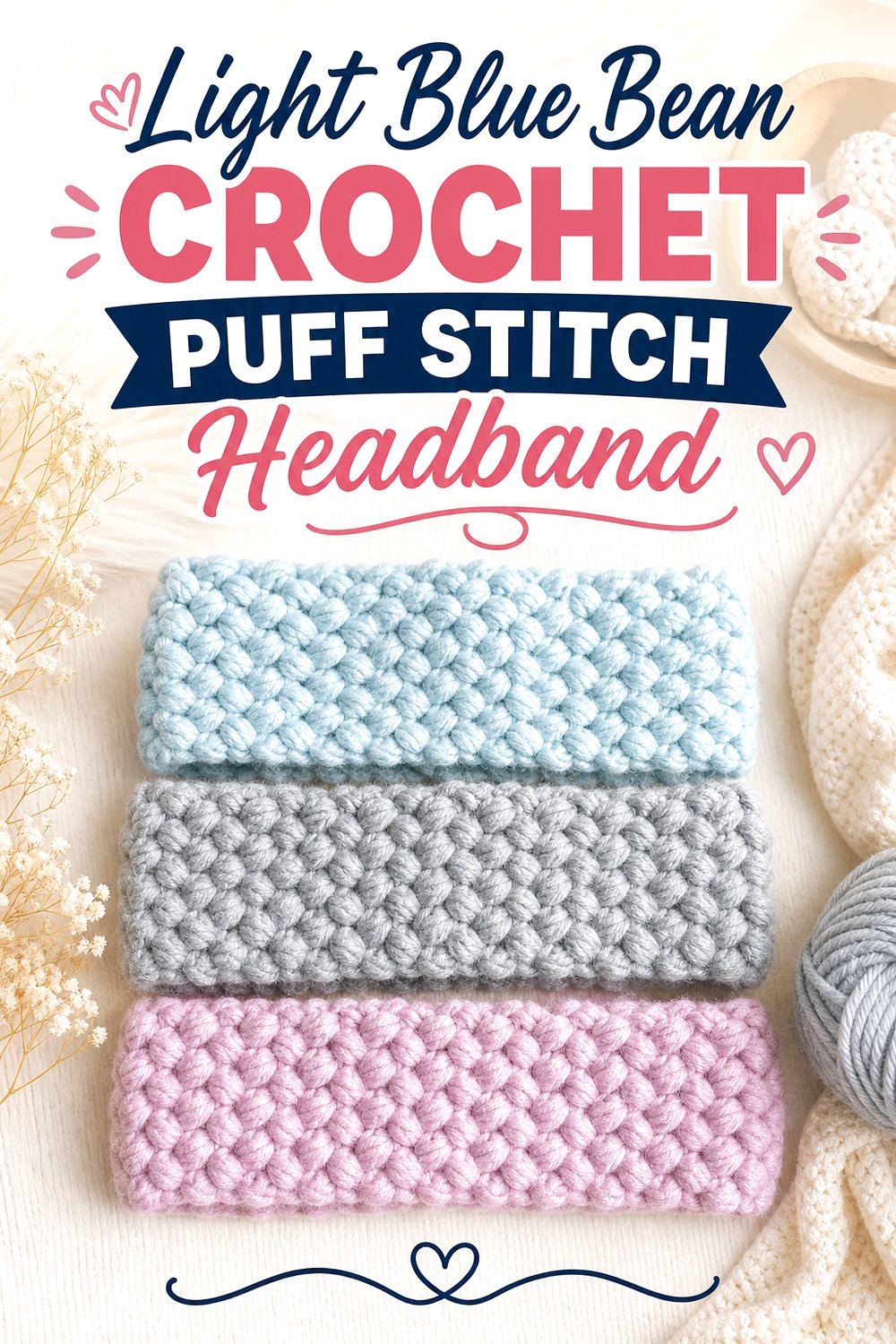 Light Blue Bean Crochet Puff Stitch Headband