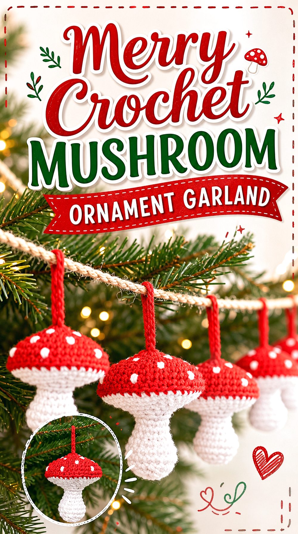 Merry Crochet Mushroom Ornament Garland