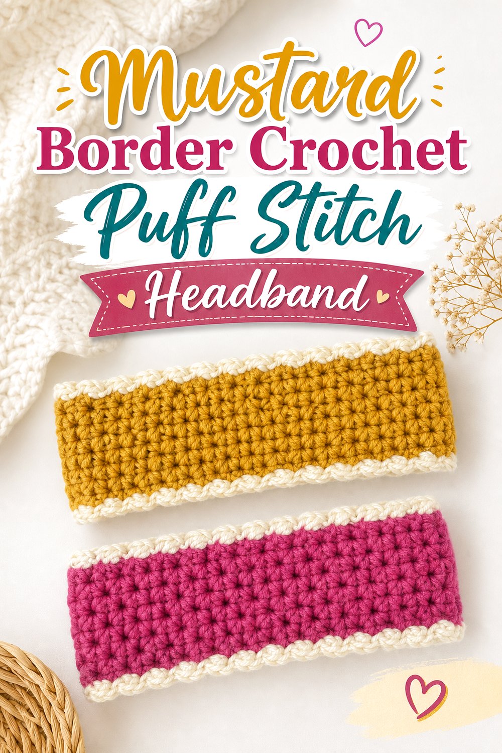 Mustard Border Crochet Puff Stitch Headband