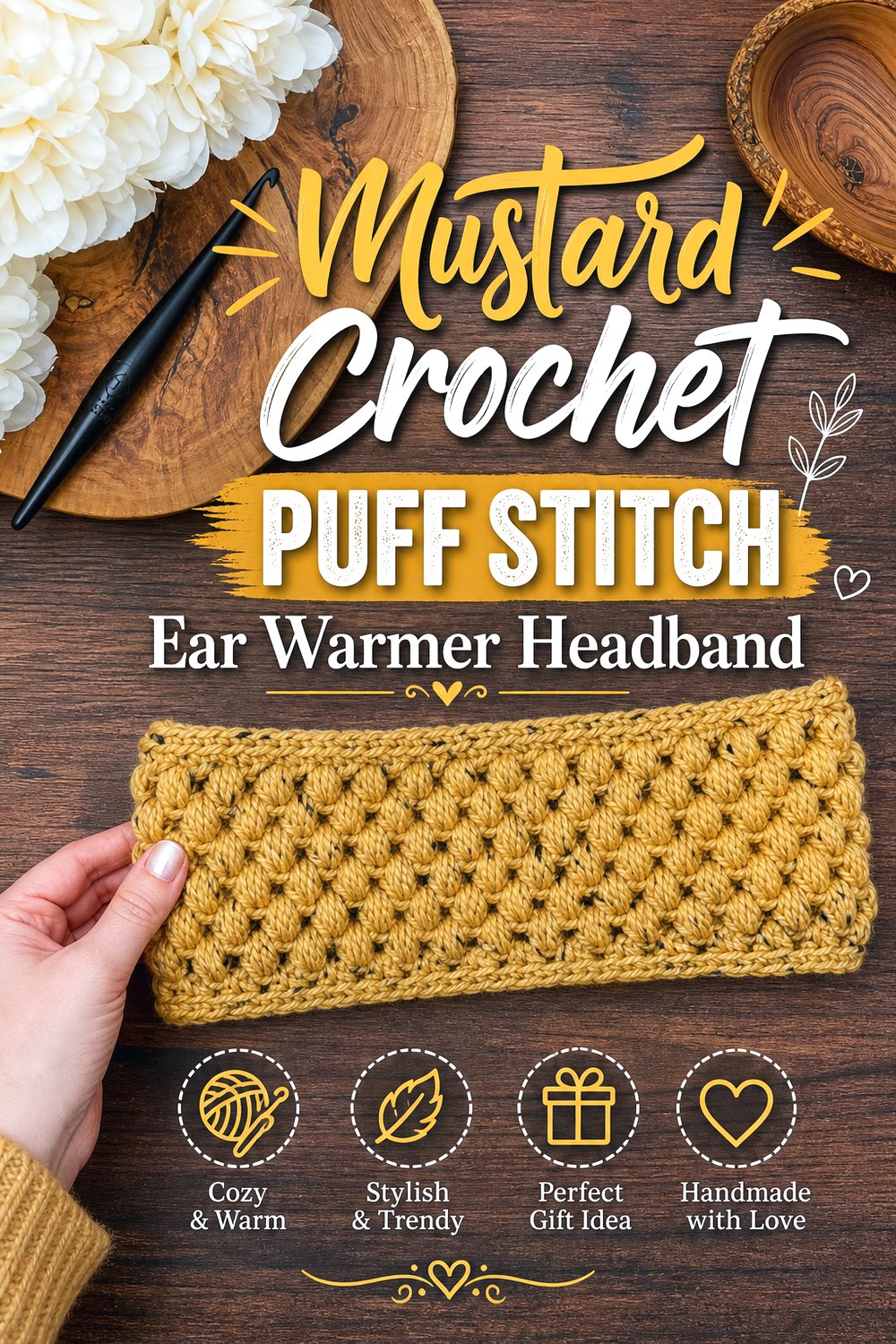 Mustard Crochet Puff Stitch Ear Warmer Headband