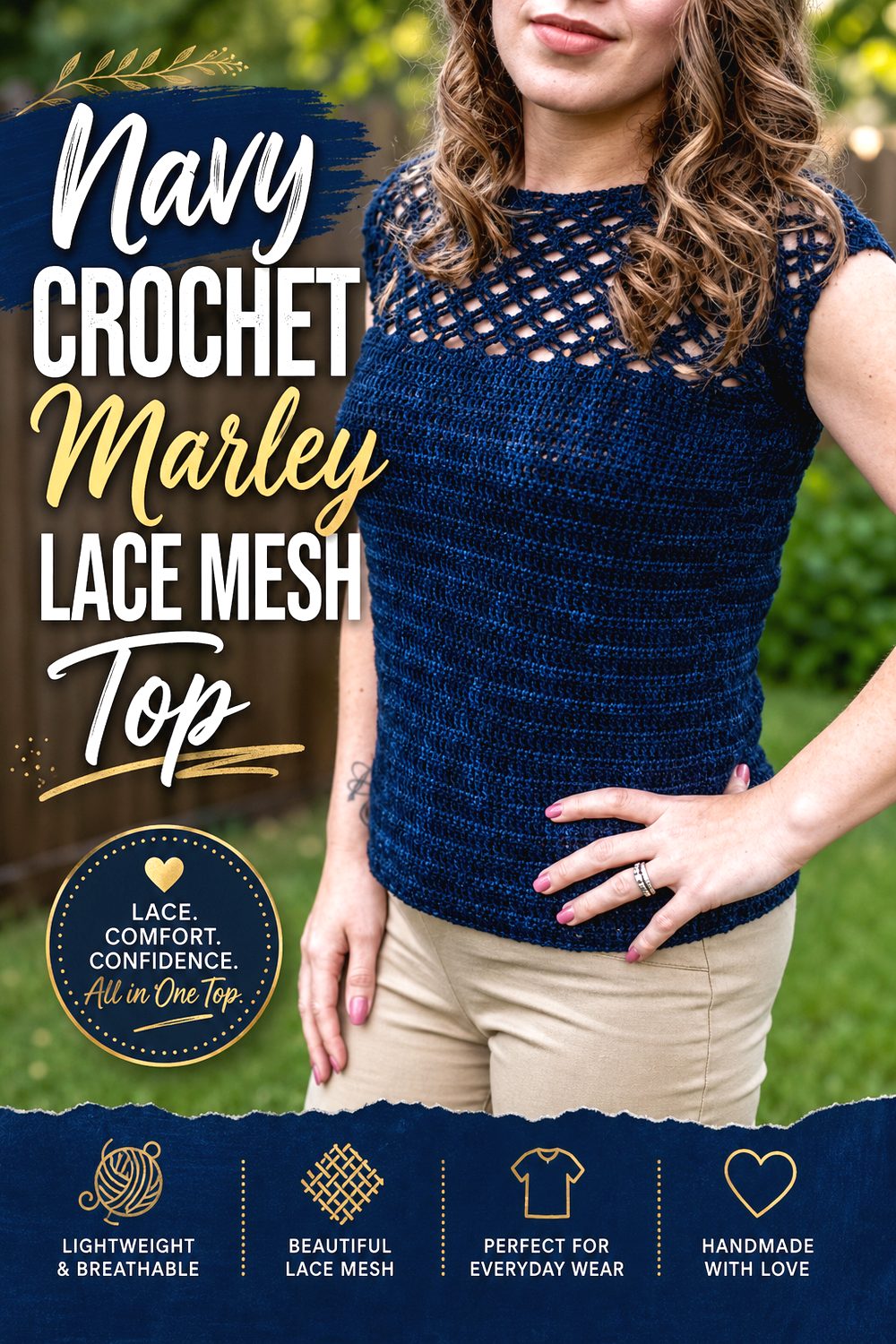 Navy Crochet Marley Lace Mesh Top