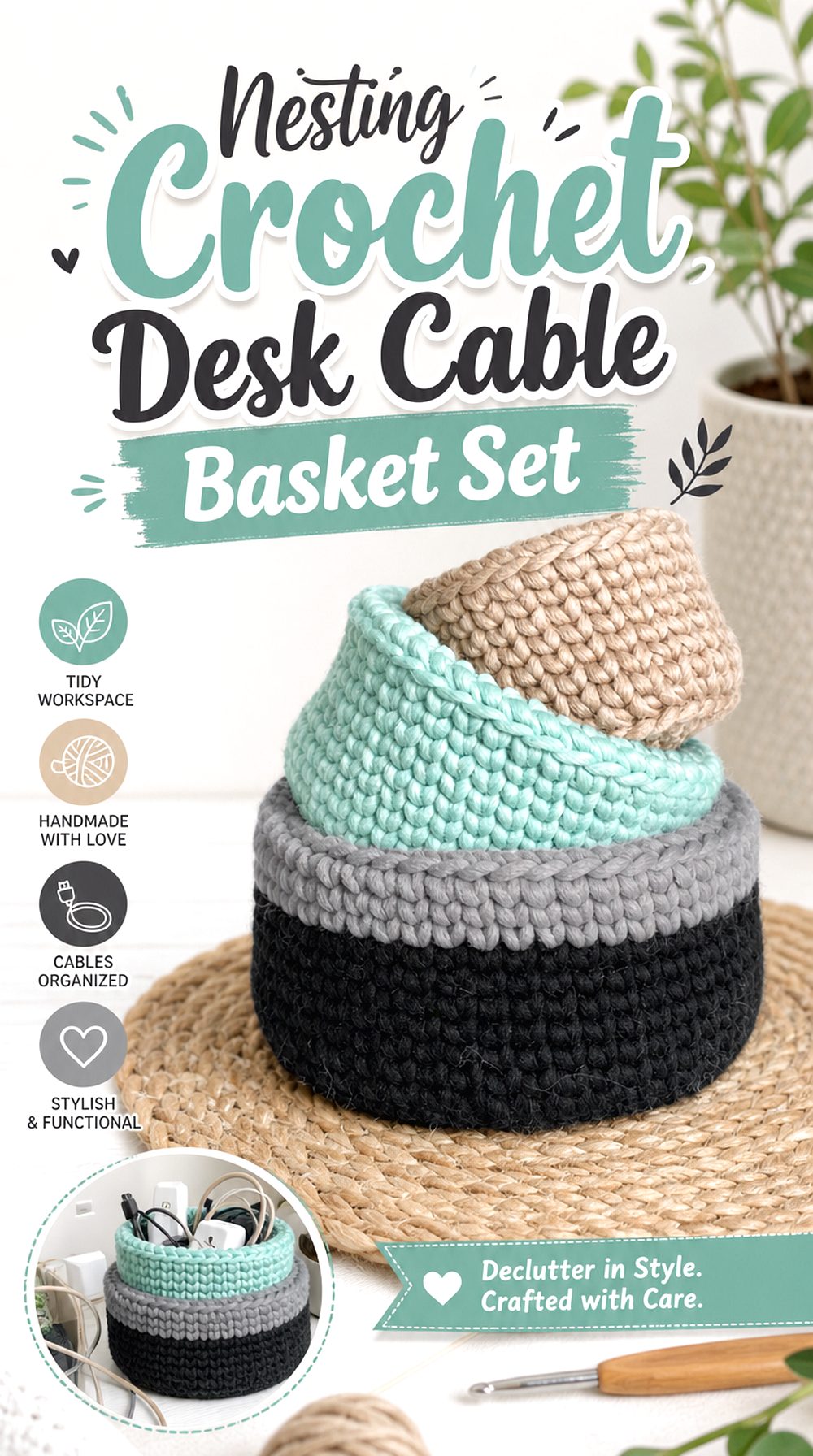 Nesting Crochet Desk Cable Basket Set