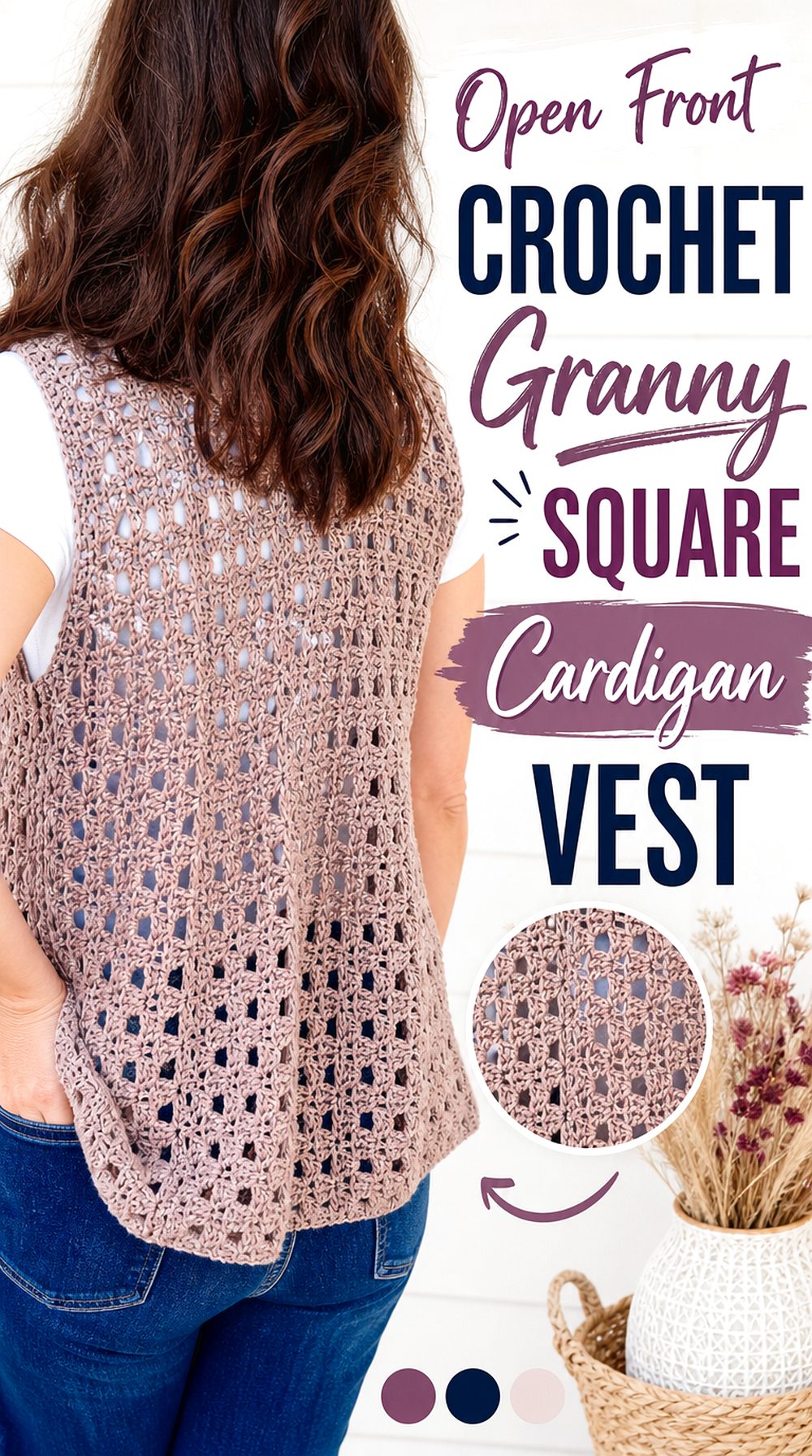 Open Front Crochet Granny Square Cardigan Vest