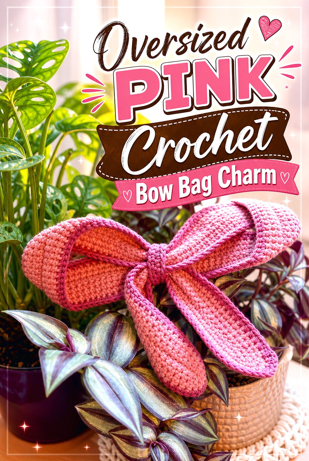 Oversized Pink Crochet Bow Bag Charm