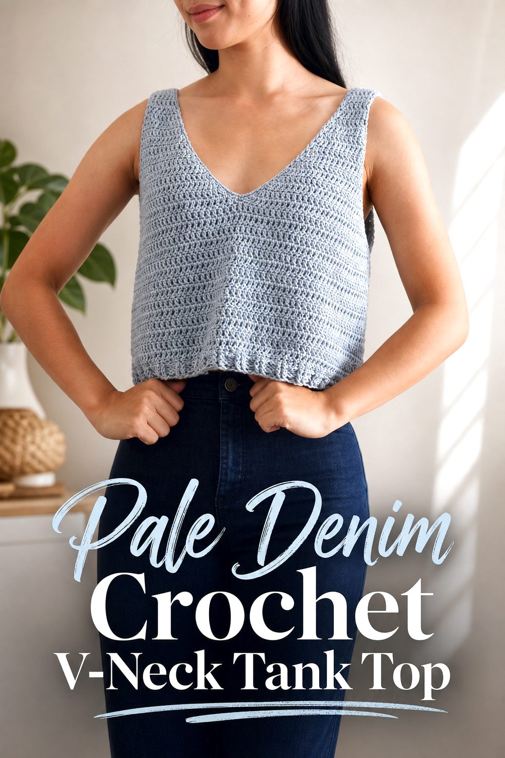 Pale Denim Crochet V Neck Tank Top