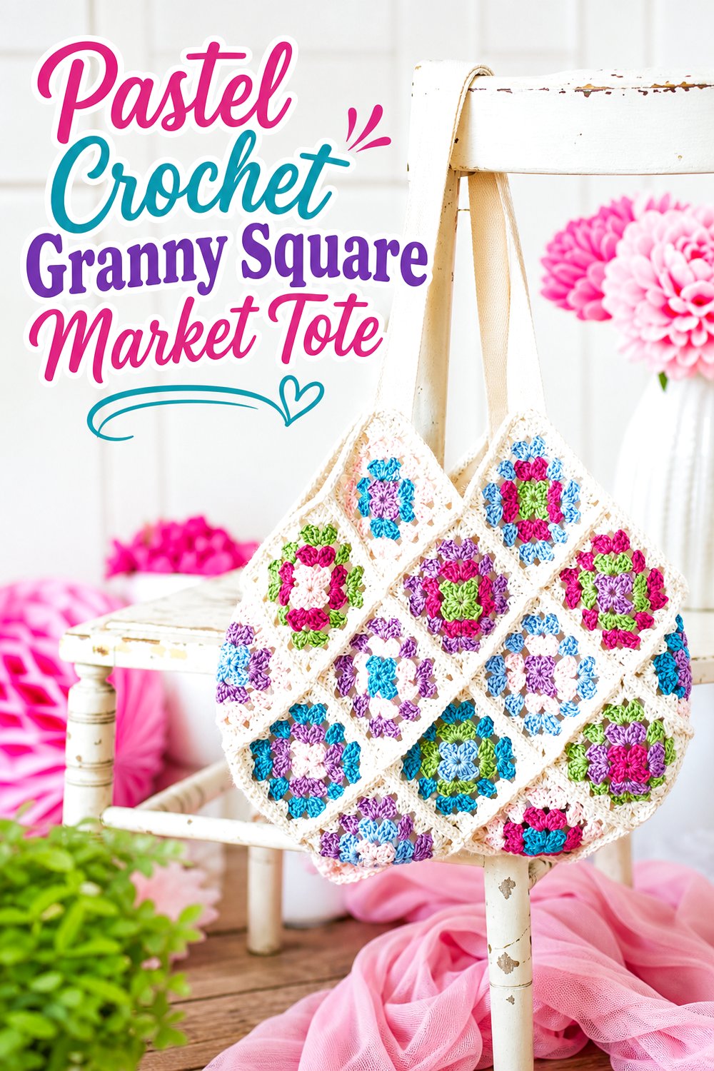 Pastel Crochet Granny Square Market Tote
