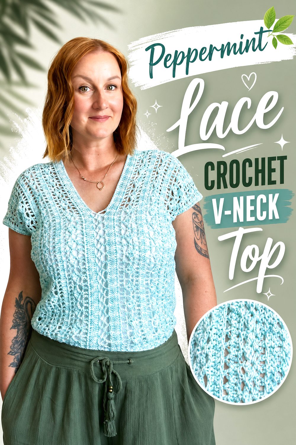 Peppermint Lace Crochet V Neck Top