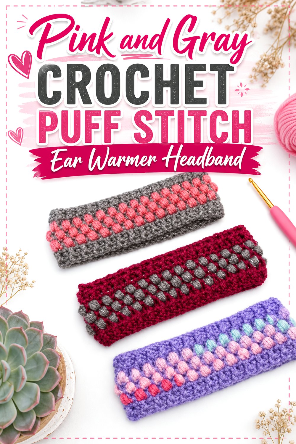 Pink and Gray Crochet Puff Stitch Ear Warmer Headband
