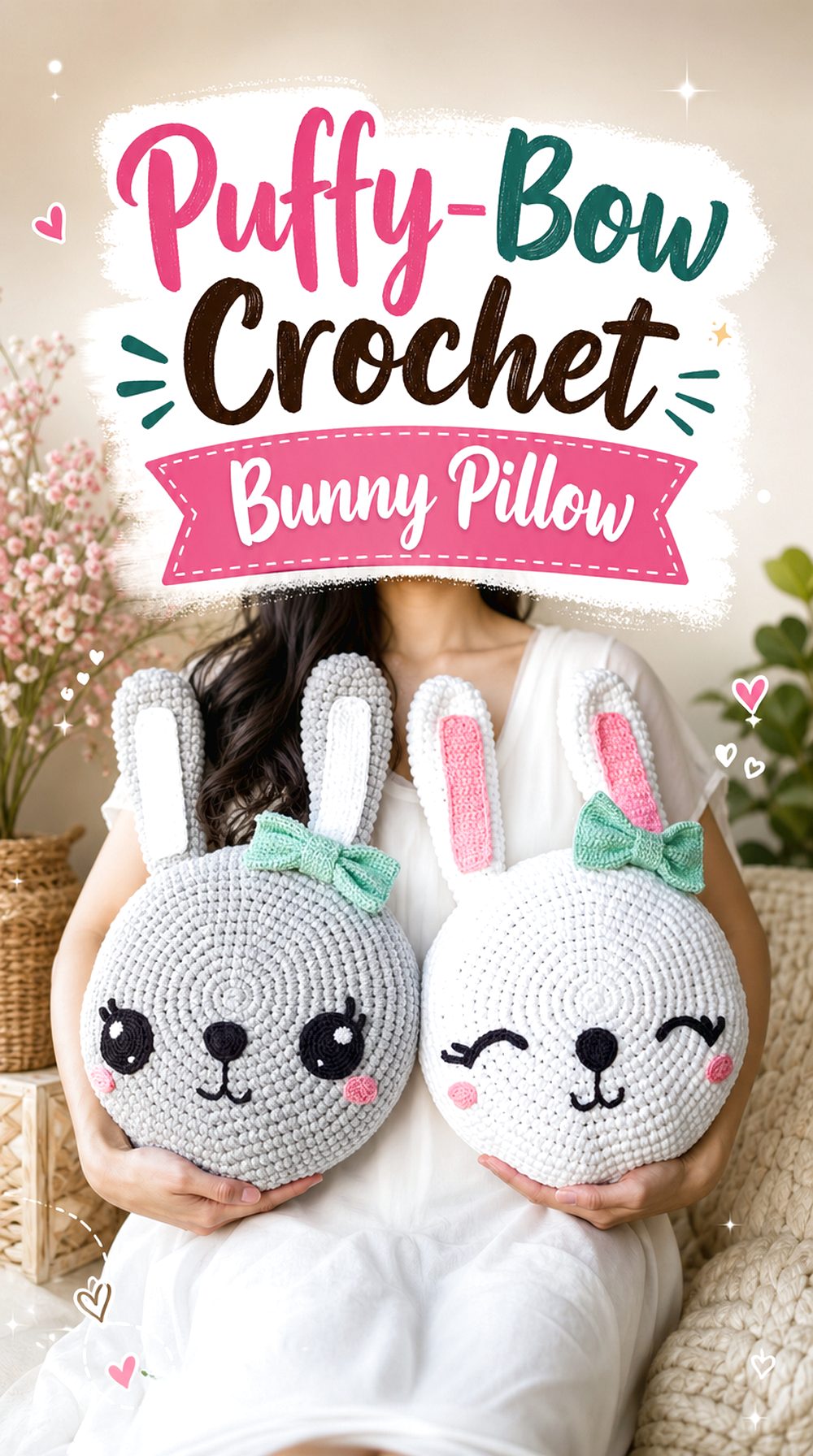 Puffy Bow Crochet Bunny Pillow