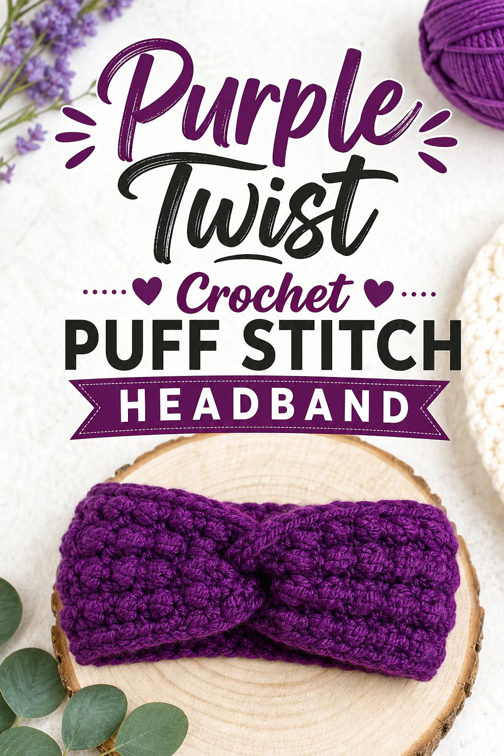 Purple Twist Crochet Puff Stitch Headband