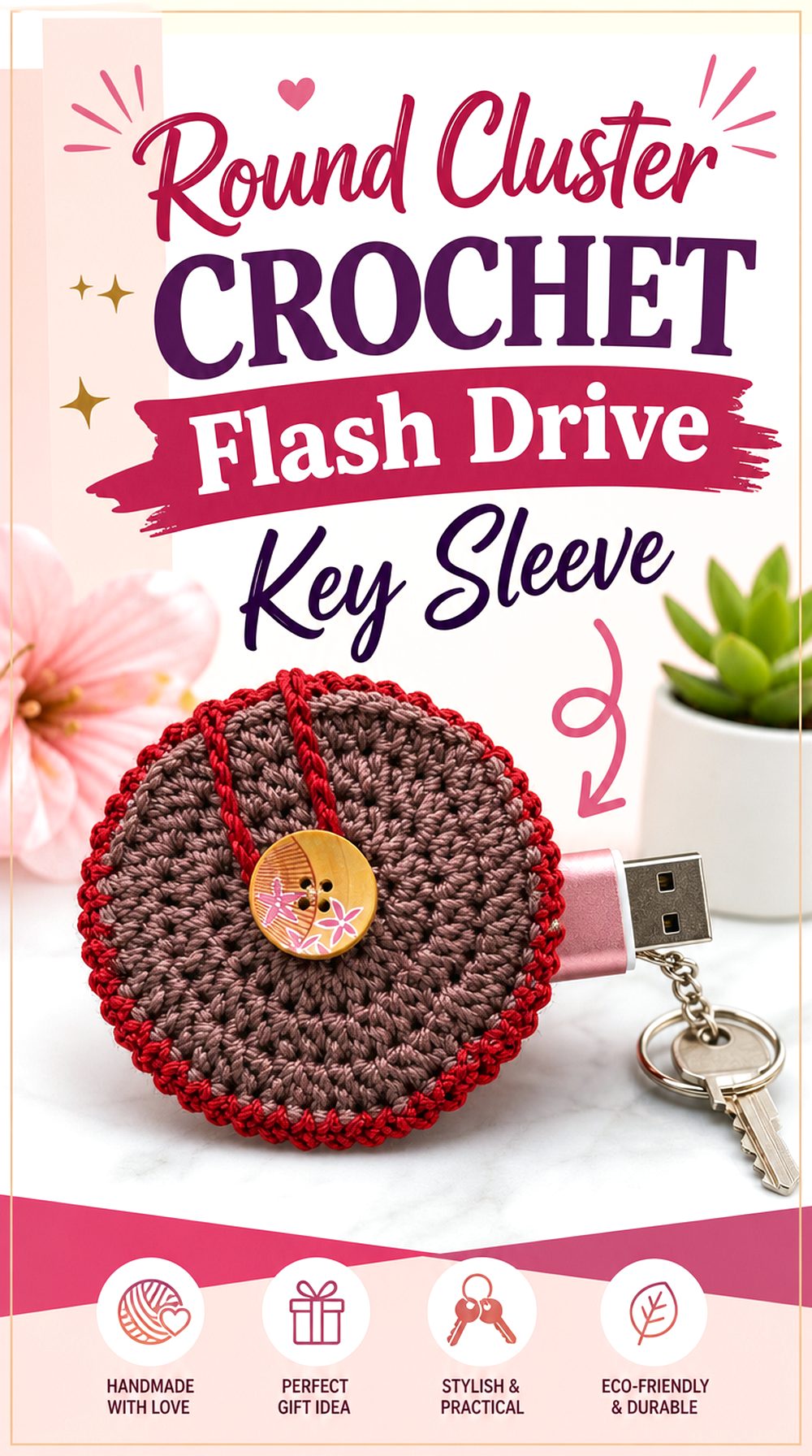 Round Cluster Crochet Flash Drive Key Sleeve