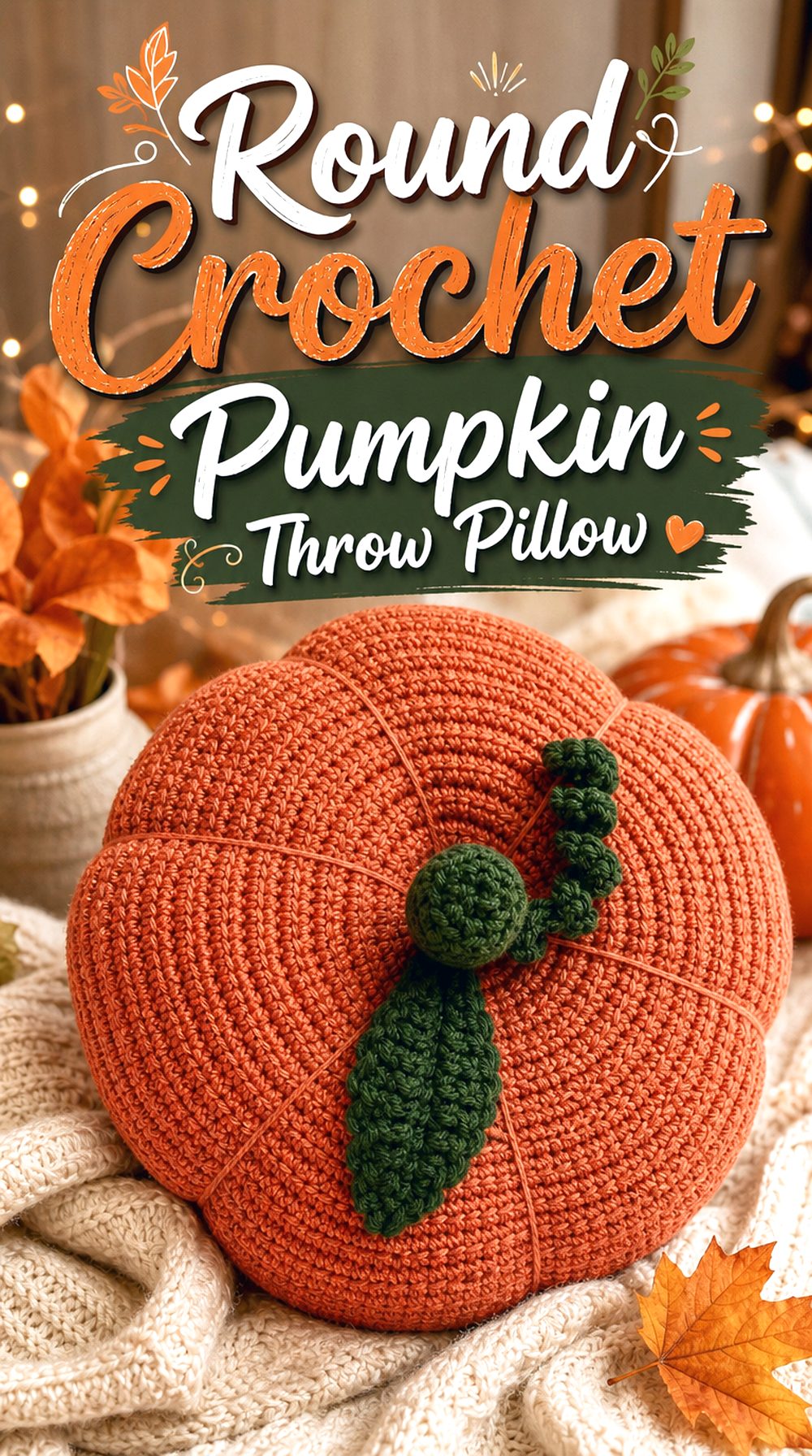 Round Crochet Pumpkin Throw Pillow