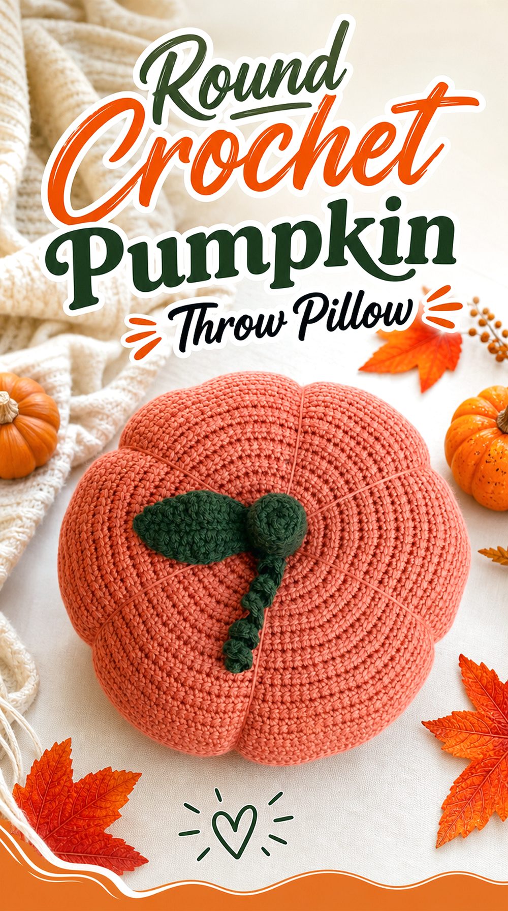 Round Crochet Pumpkin Throw Pillow
