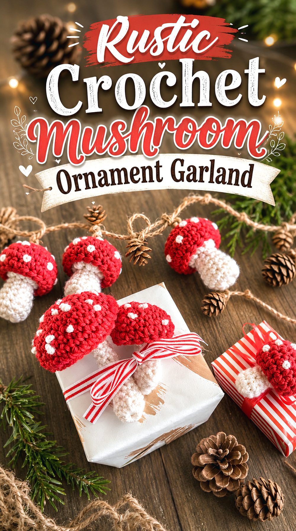 Rustic Crochet Mushroom Ornament Garland