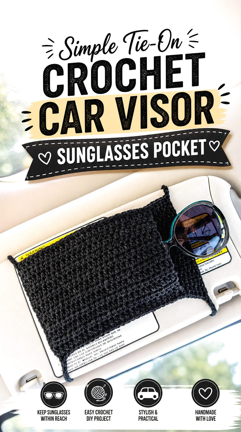 Simple Tie On Crochet Car Visor Sunglasses Pocket