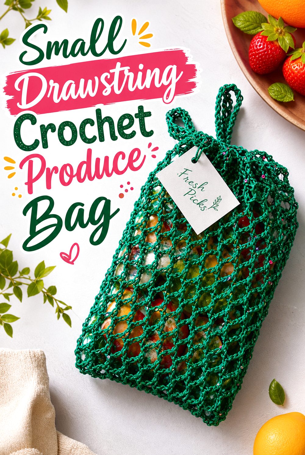 Small Drawstring Crochet Produce Bag