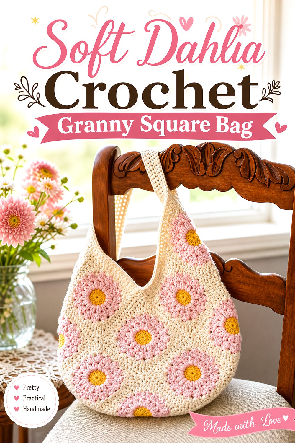 Soft Dahlia Crochet Granny Square Bag