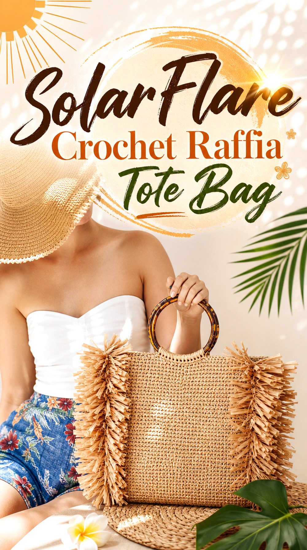 SolarFlare Crochet Raffia Tote Bag