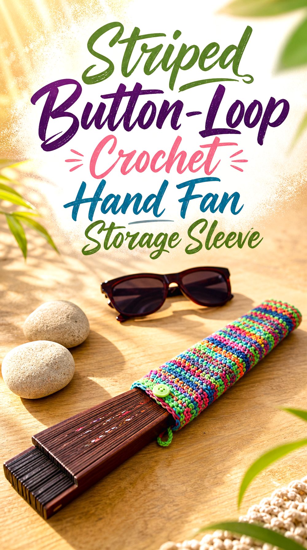 Striped Button Loop Crochet Hand Fan Storage Sleeve