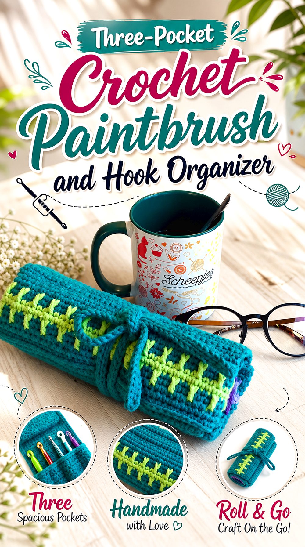 Three Pocket Crochet Paintbrush and Hook Organizer