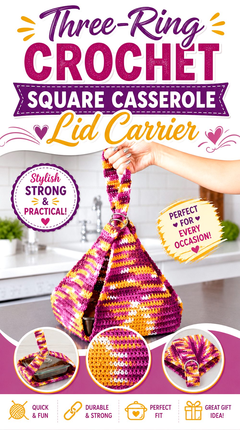 Three Ring Crochet Square Casserole Lid Carrier