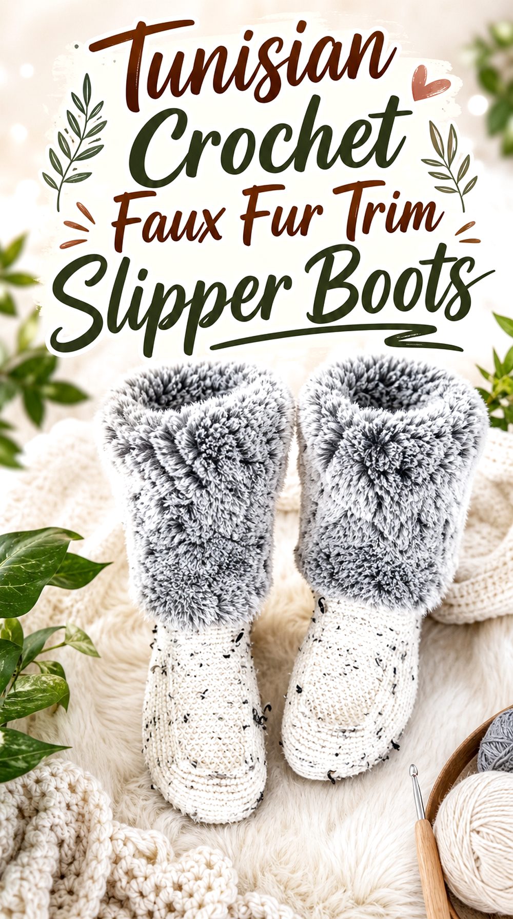 Tunisian Crochet Faux Fur Trim Slipper Boots