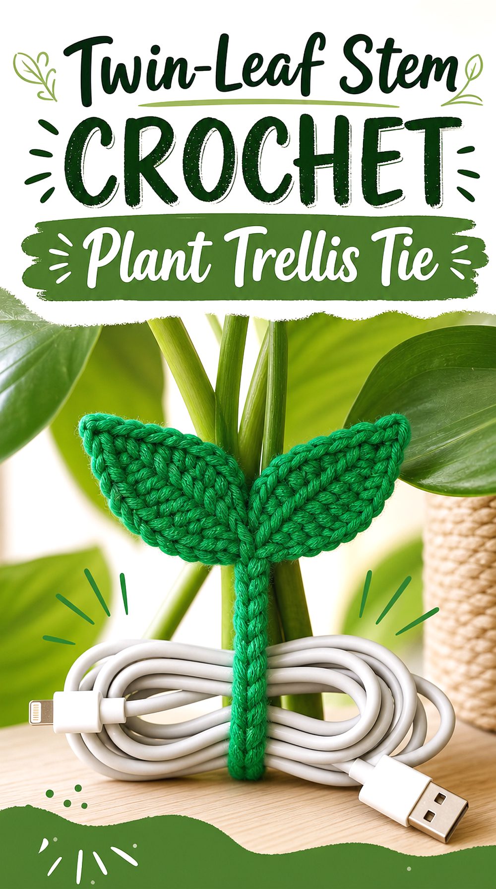 Twin Leaf Stem Crochet Plant Trellis Tie