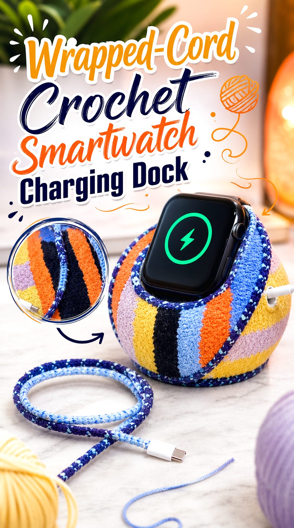 Wrapped Cord Crochet Smartwatch Charging Dock
